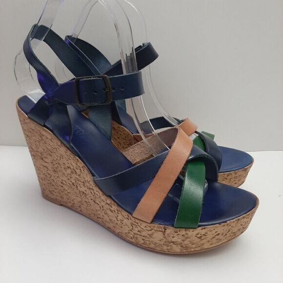 LULU BRAVO Italy Strappy Open Toe Platform Chunky Wedge Heels Sz 8.5 - Picture 2 of 16